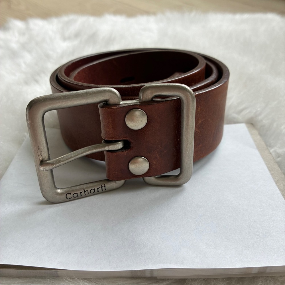 Carhartt Mens Brown Cowhide Genuine Leather Belt Size 34 Silver Buckle